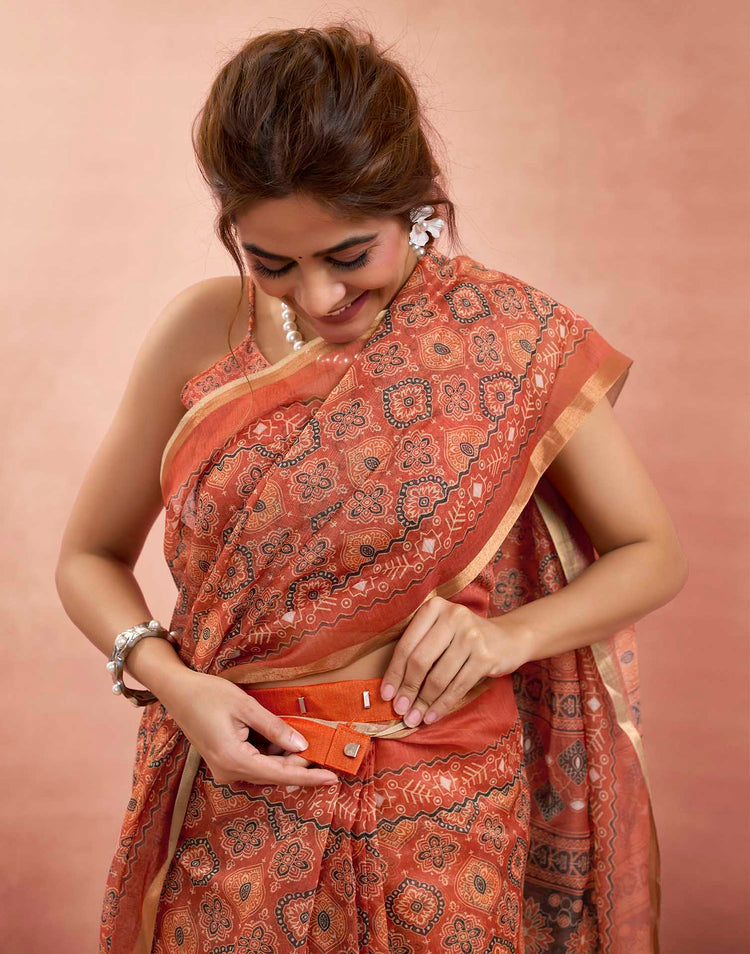 Ready To Wear Rust Linen Ajrakh Printed Saree