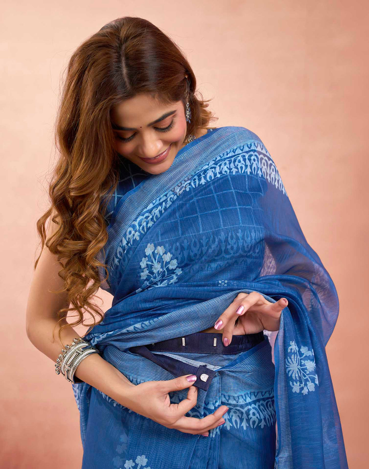 Ready To Wear Denim Blue Linen Printed Saree