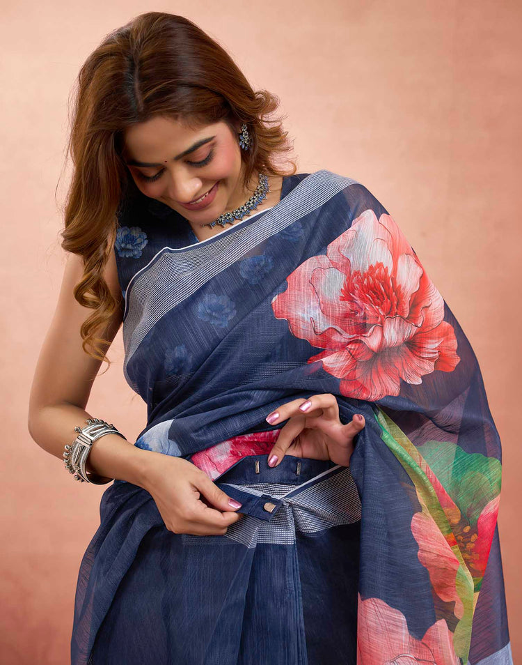 Ready To Wear Navy Blue Linen Floral Printed Saree