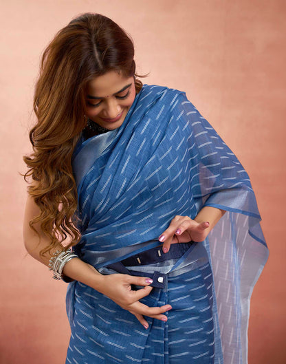 Ready To Wear Blue Linen Printed Saree