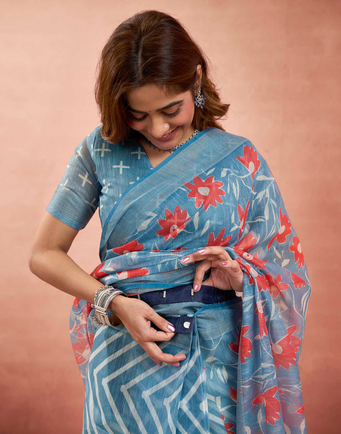 Ready To Wear Sky Blue Linen Printed Saree