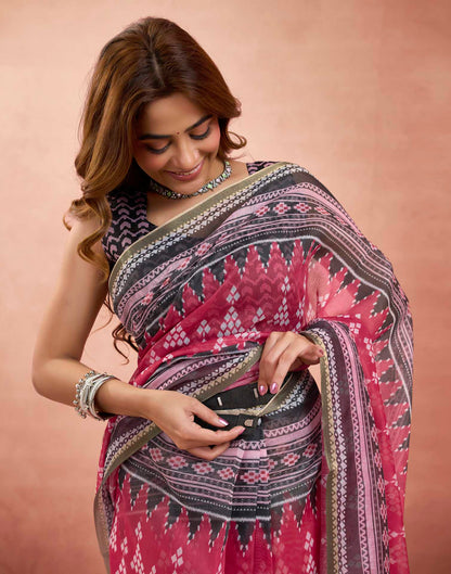Ready To Wear Rani Pink Linen Sambalpuri Printed Saree