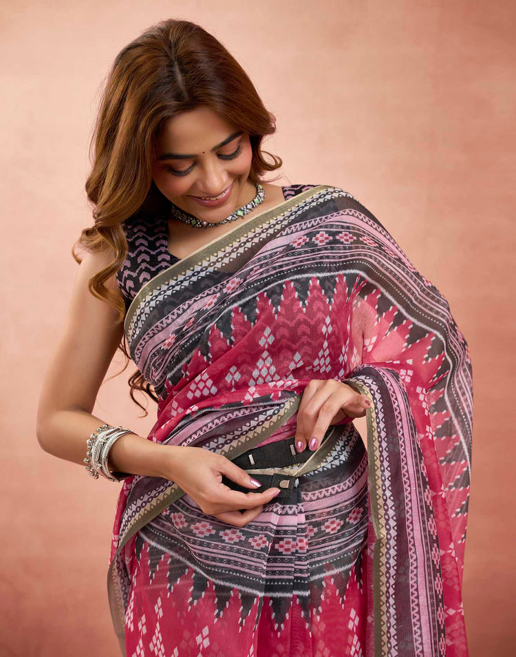 Ready To Wear Rani Pink Linen Sambalpuri Printed Saree