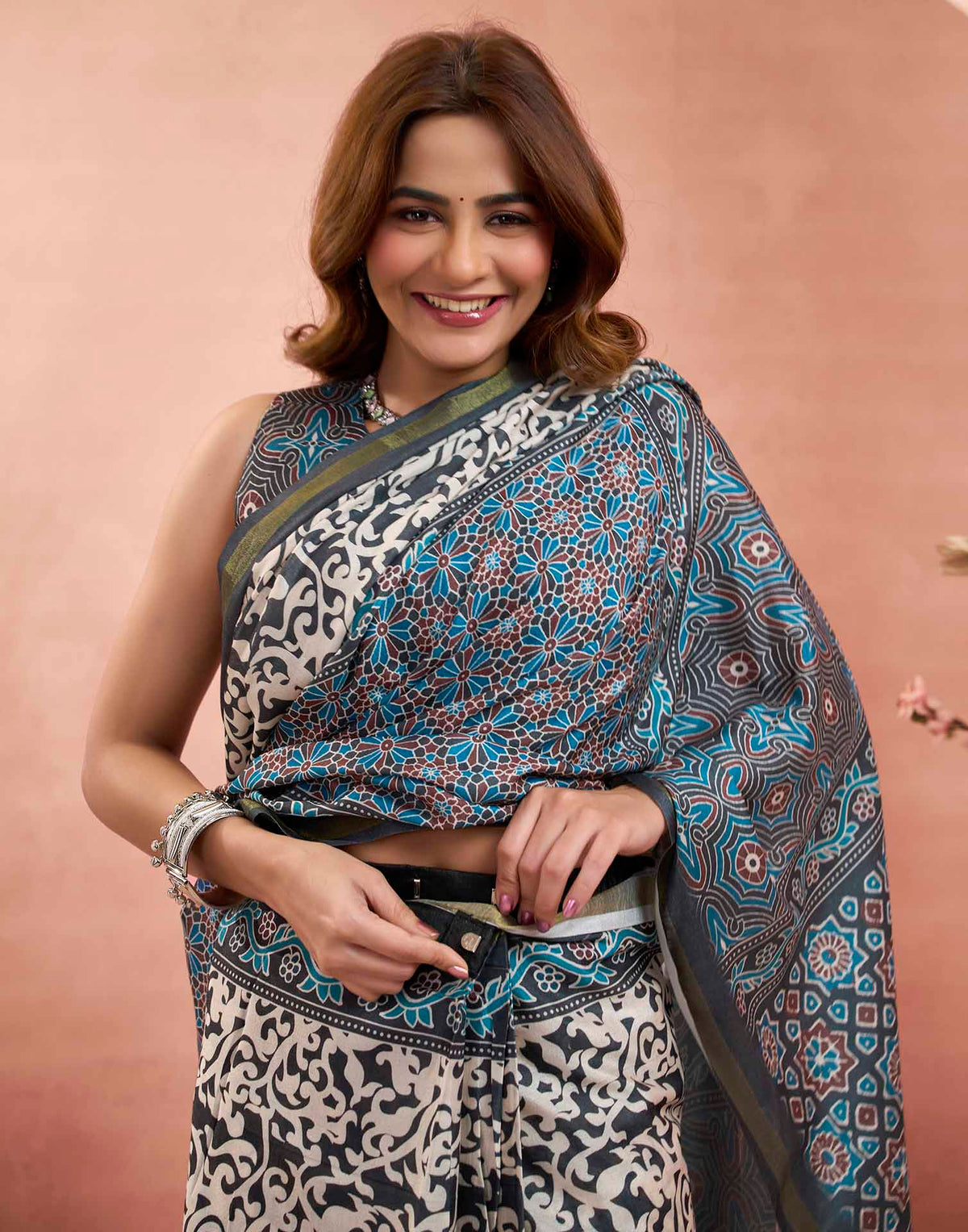 Ready To Wear Grey Linen Printed Saree
