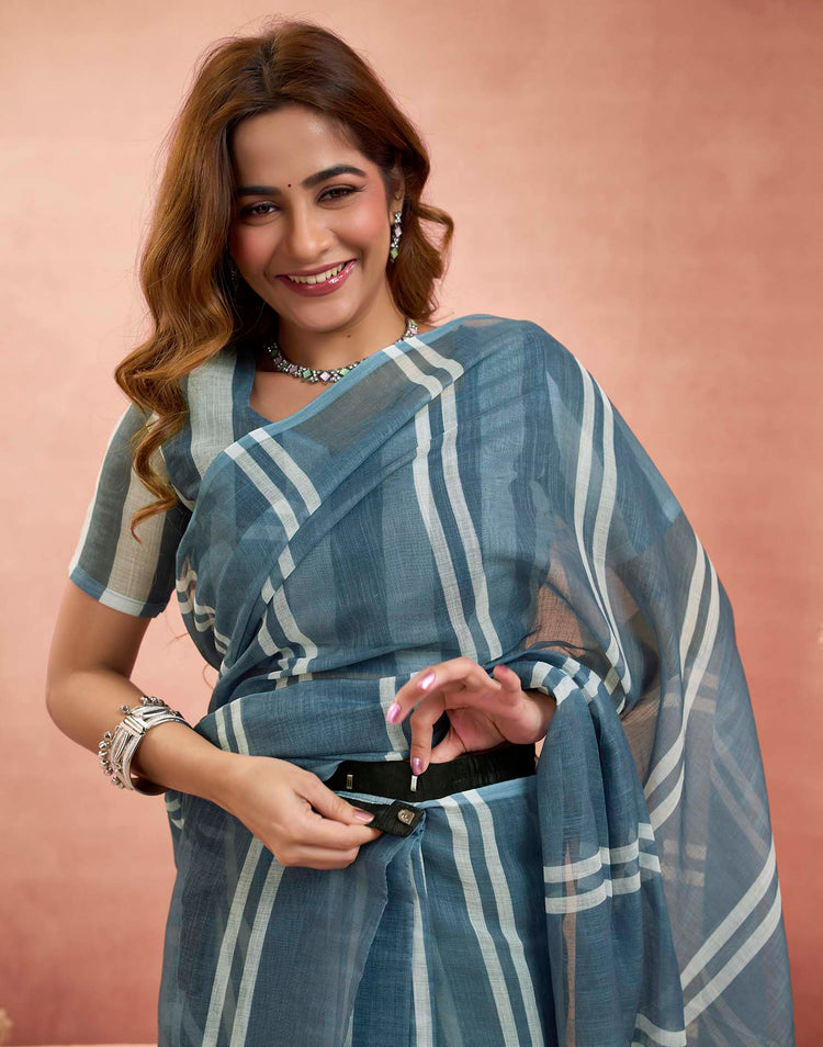 Ready To Wear Grey Linen Printed Saree