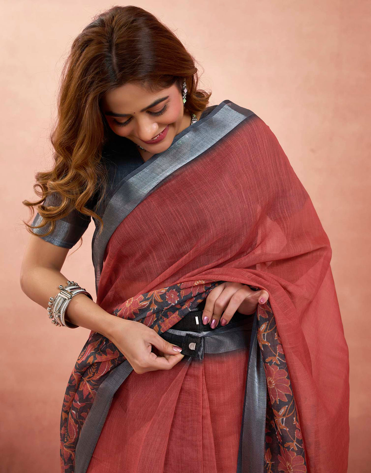 Ready To Wear Rust Linen Floral Printed Saree