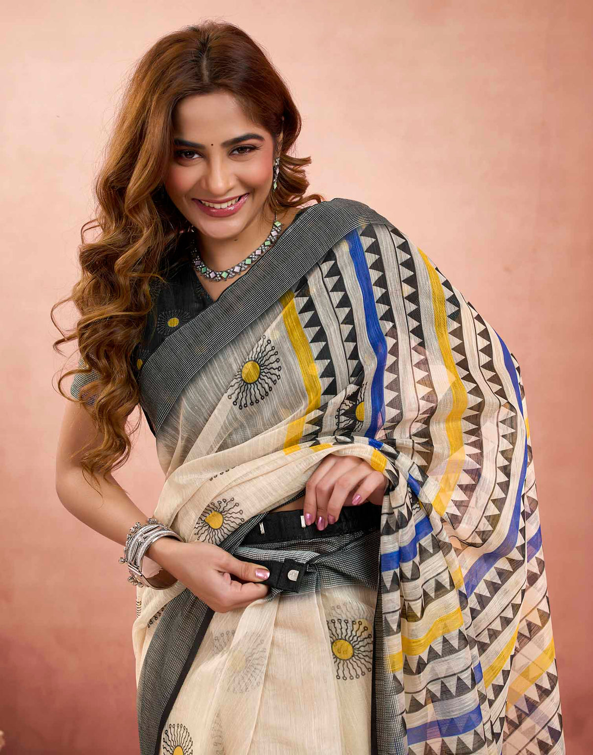 Ready To Wear Beige Linen Printed Saree