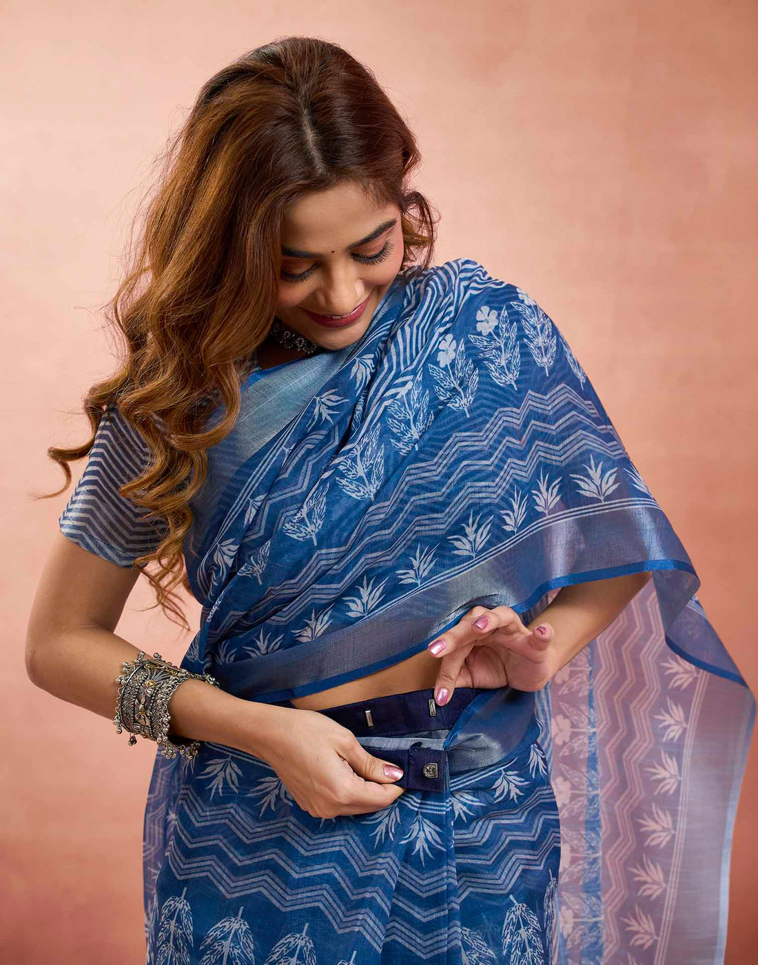 Ready To Wear Denim Blue Linen Printed Saree