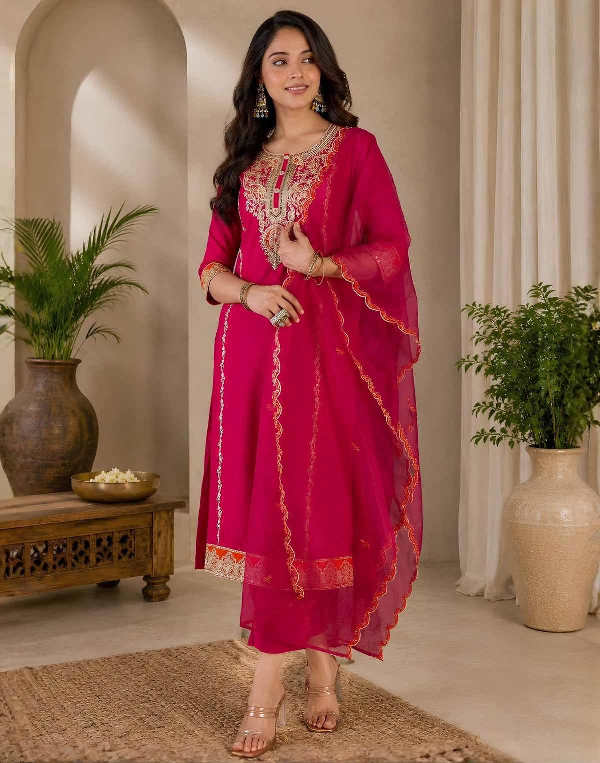 Dark Pink Rayon Slub Embroidery Straight Kurta Set With Dupatta