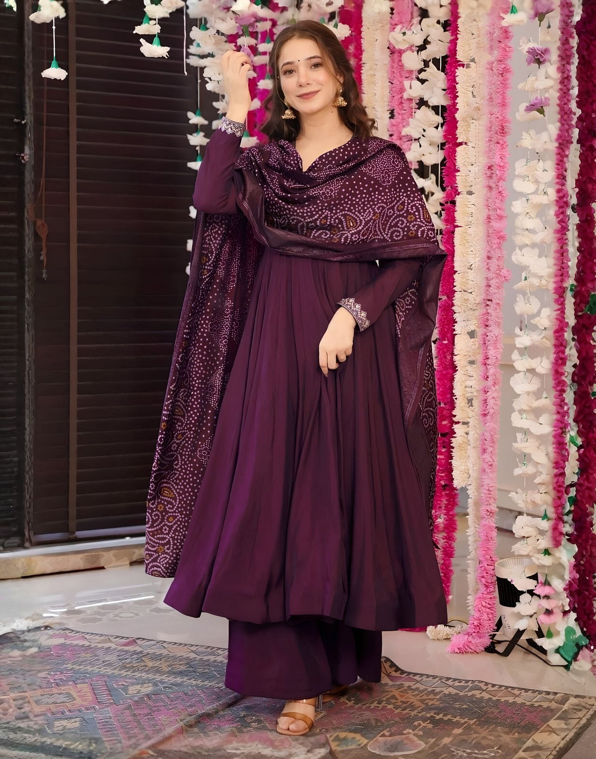 Dark Wine Vichitra Silk Embroidery Anarkali Kurta Set With Dupatta