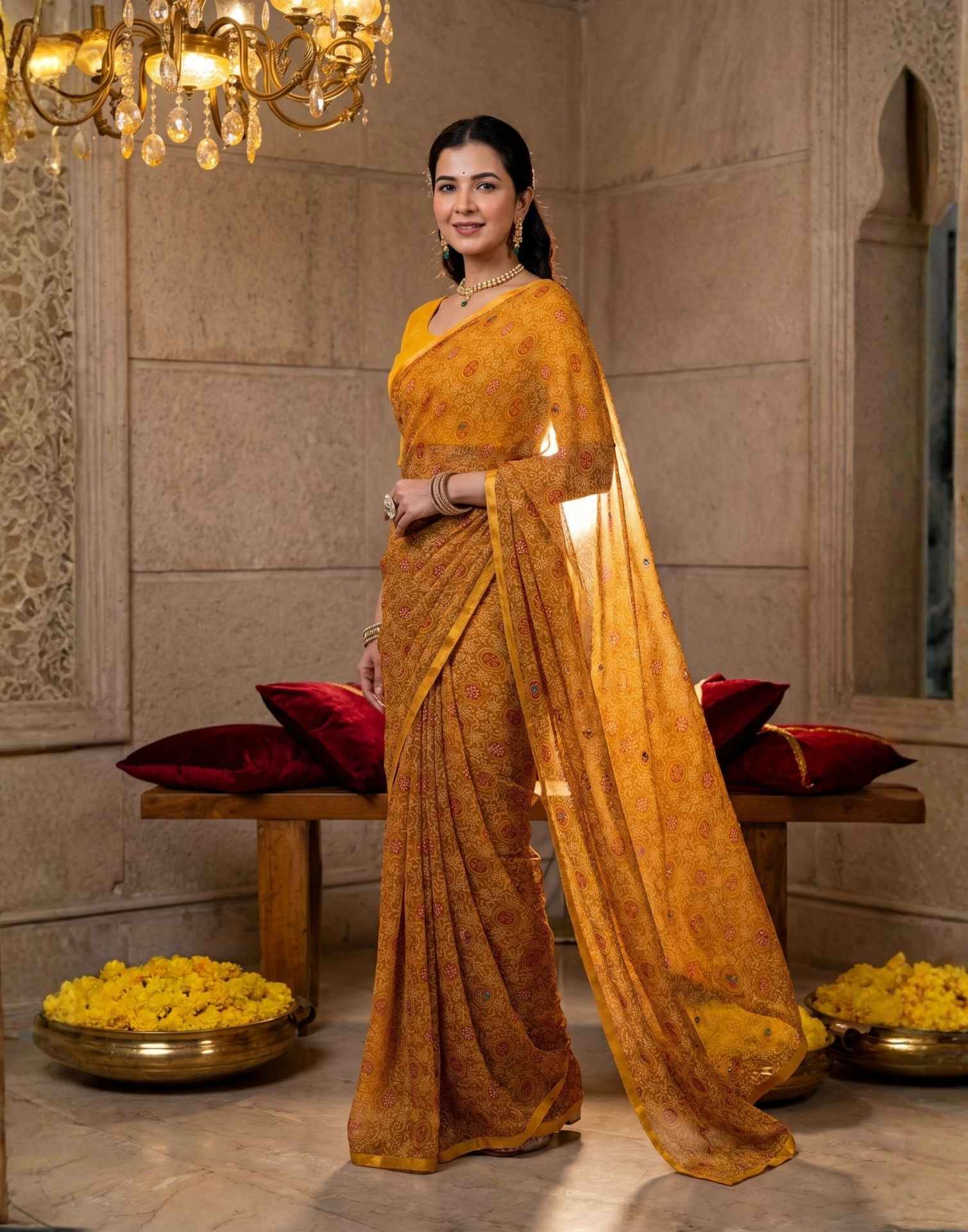 Dark Mustard Yellow Chiffon Printed Saree
