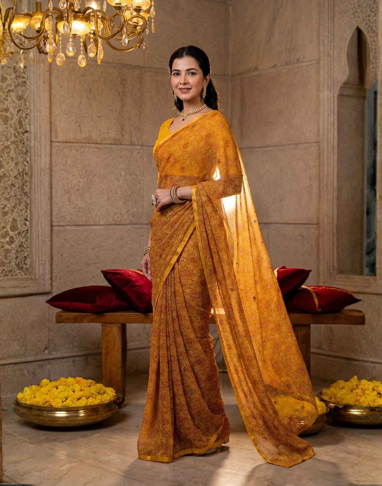 Dark Mustard Yellow Chiffon Printed Saree
