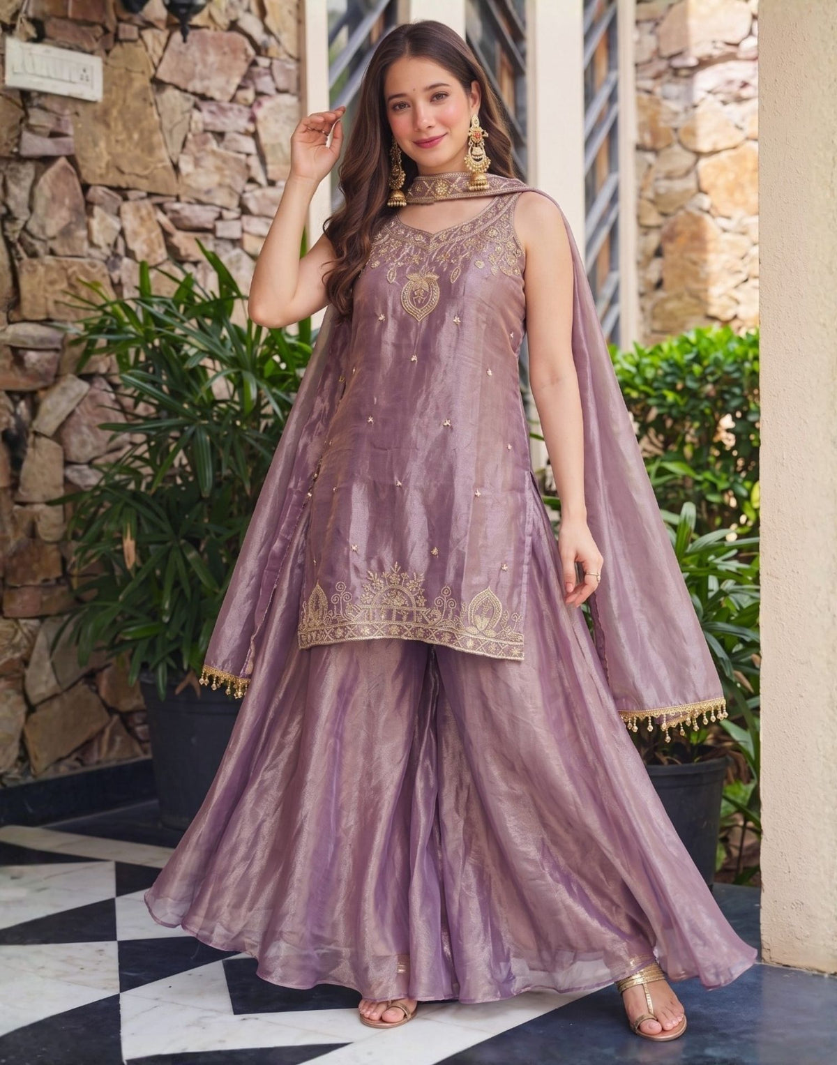 Dusty Purple Fendy Satin Beads Embroidery Flared Sharara Kurta Set With Dupatta