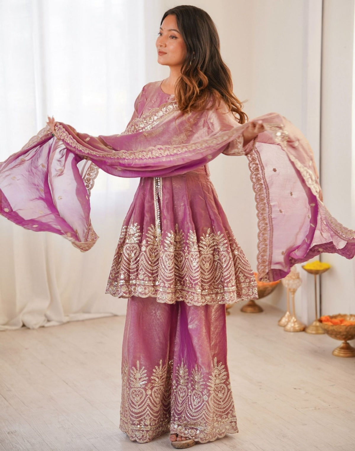 Dusty Rose Organza Embroidery Peplum Kurta Set With Dupatta