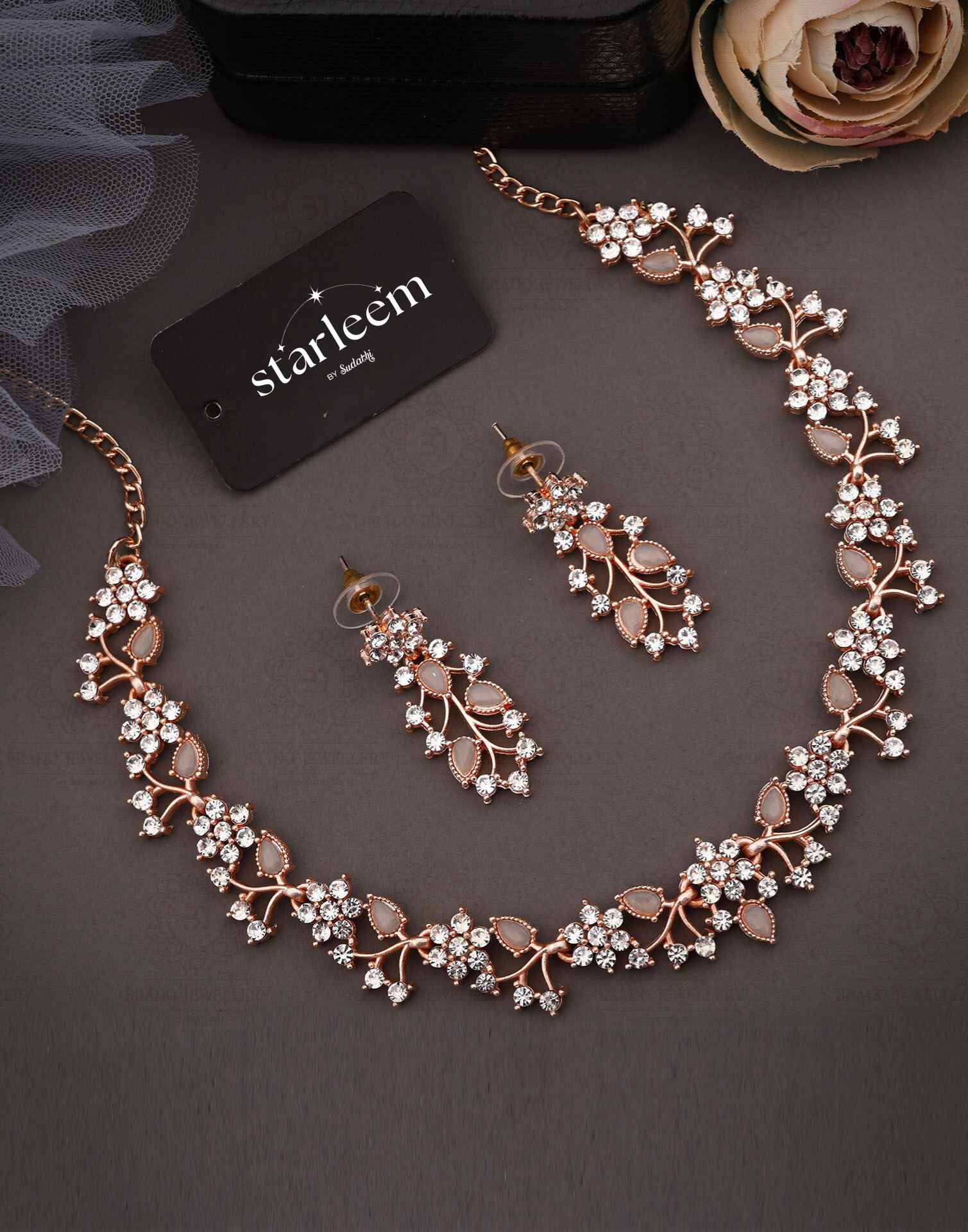 Grey Rose Gold Choker Necklace Set With Dangle Earring