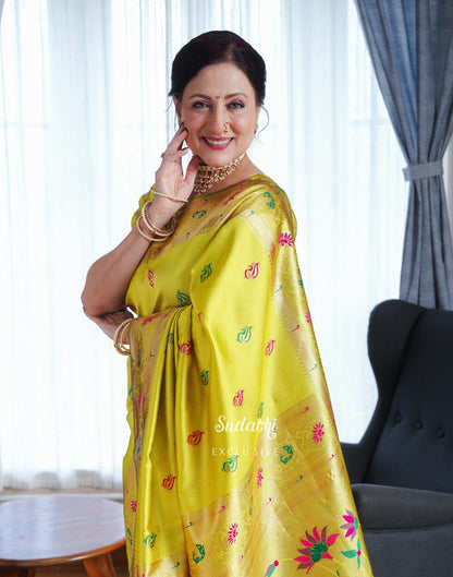 Kishori Shahane Lime Green Silk Woven Paithani Saree