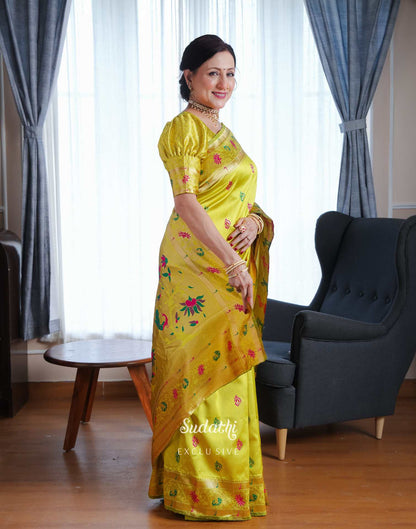 Kishori Shahane Lime Green Silk Woven Paithani Saree