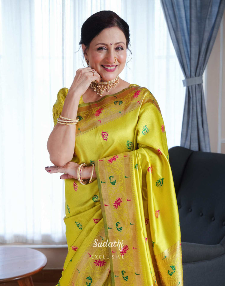 Kishori Shahane Lime Green Silk Woven Paithani Saree