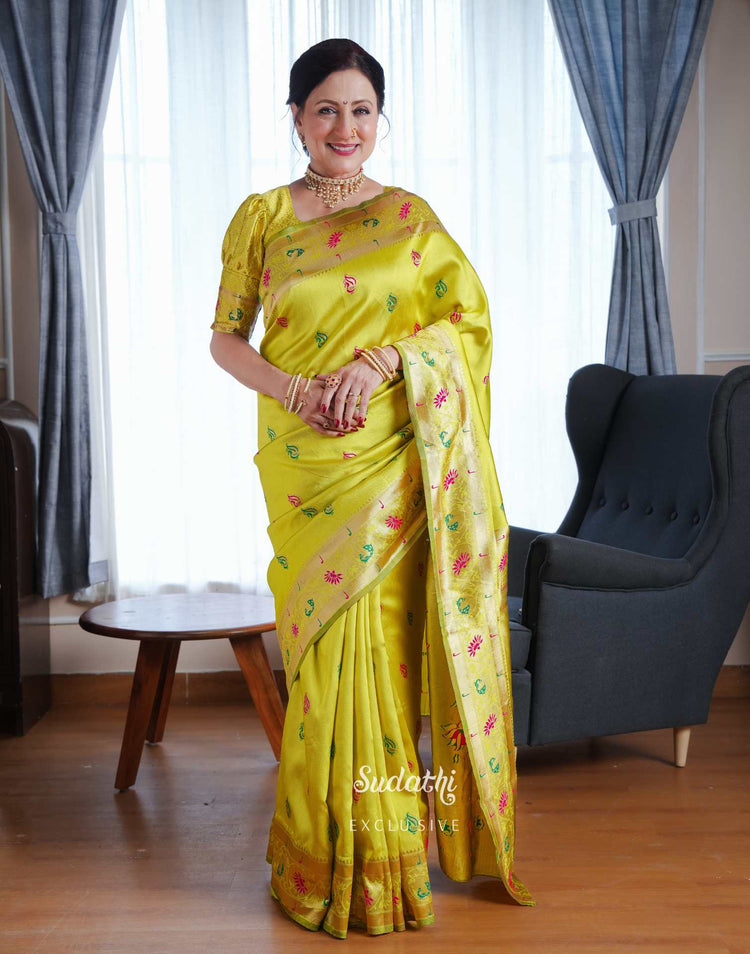 Kishori Shahane Lime Green Silk Woven Paithani Saree