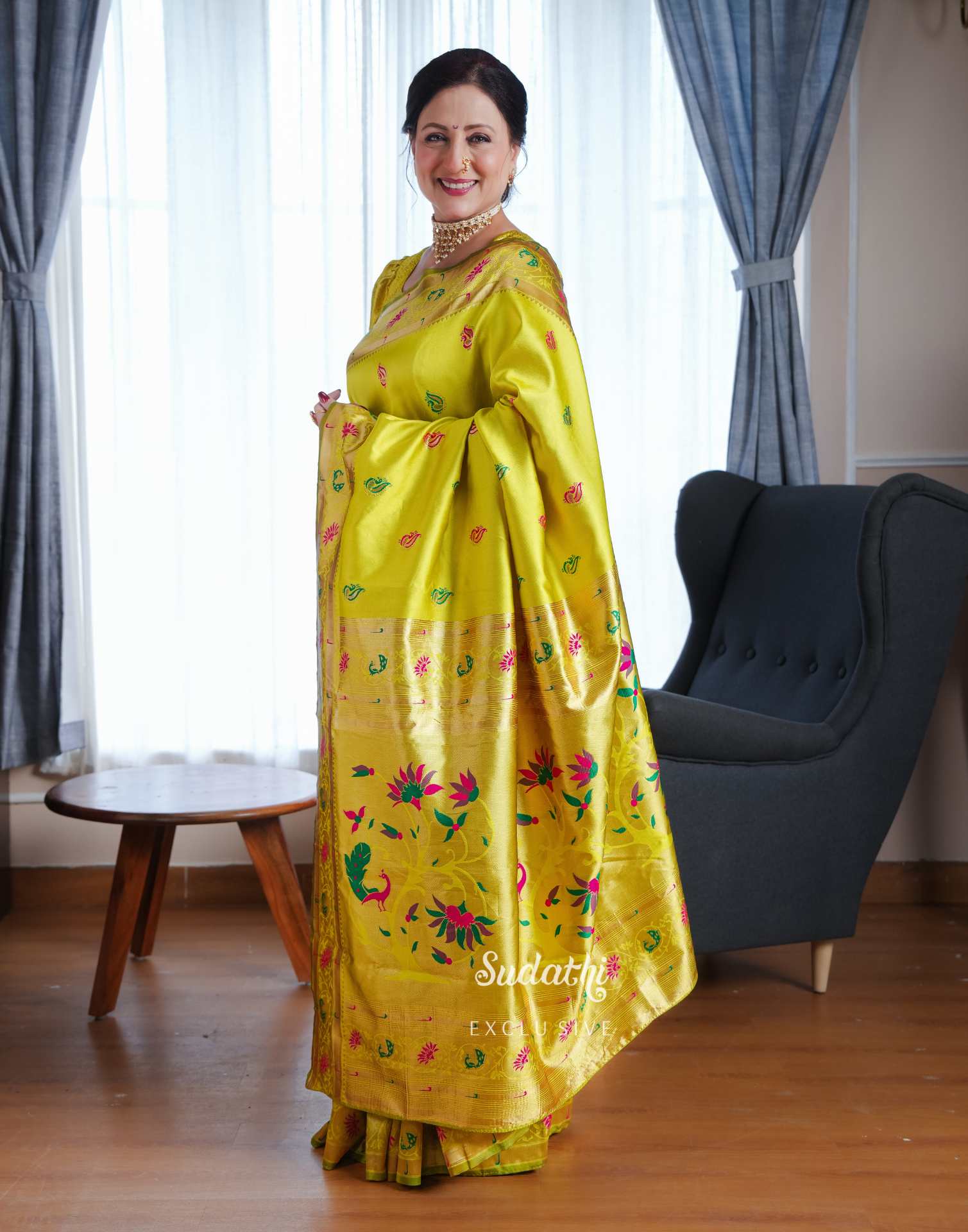 Kishori Shahane Lime Green Silk Woven Paithani Saree