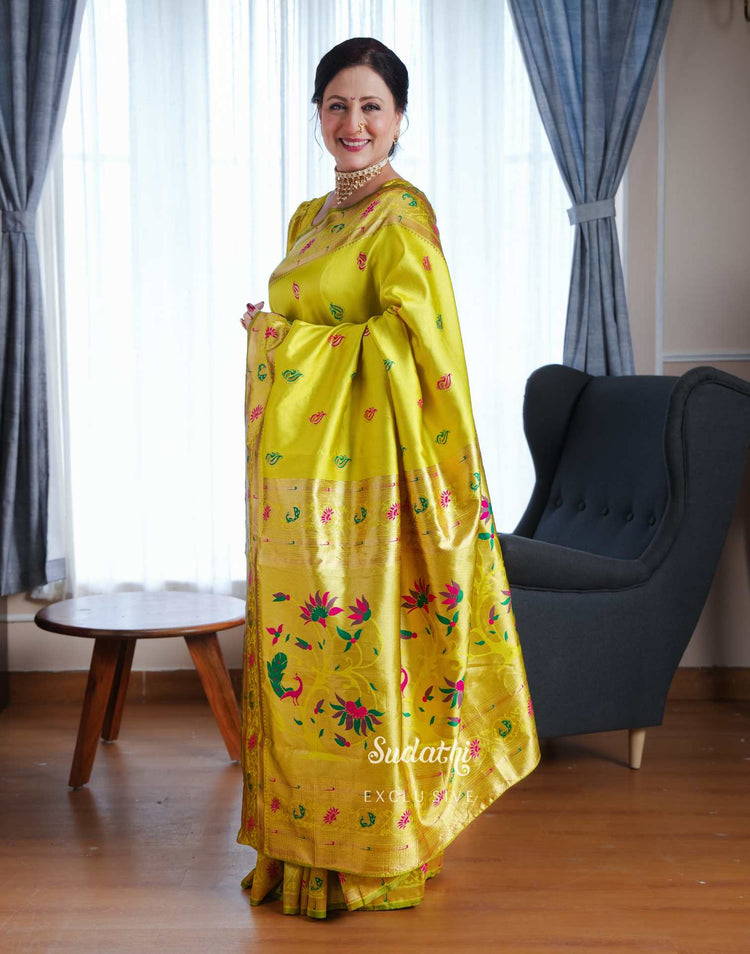 Kishori Shahane Lime Green Silk Woven Paithani Saree