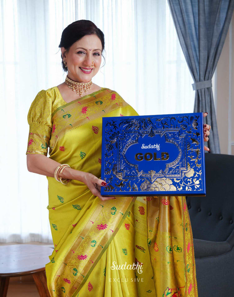 Kishori Shahane Lime Green Silk Woven Paithani Saree
