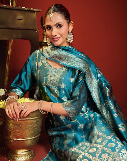 Teal Blue Silk Woven Straight Kurta Set With Dupatta
