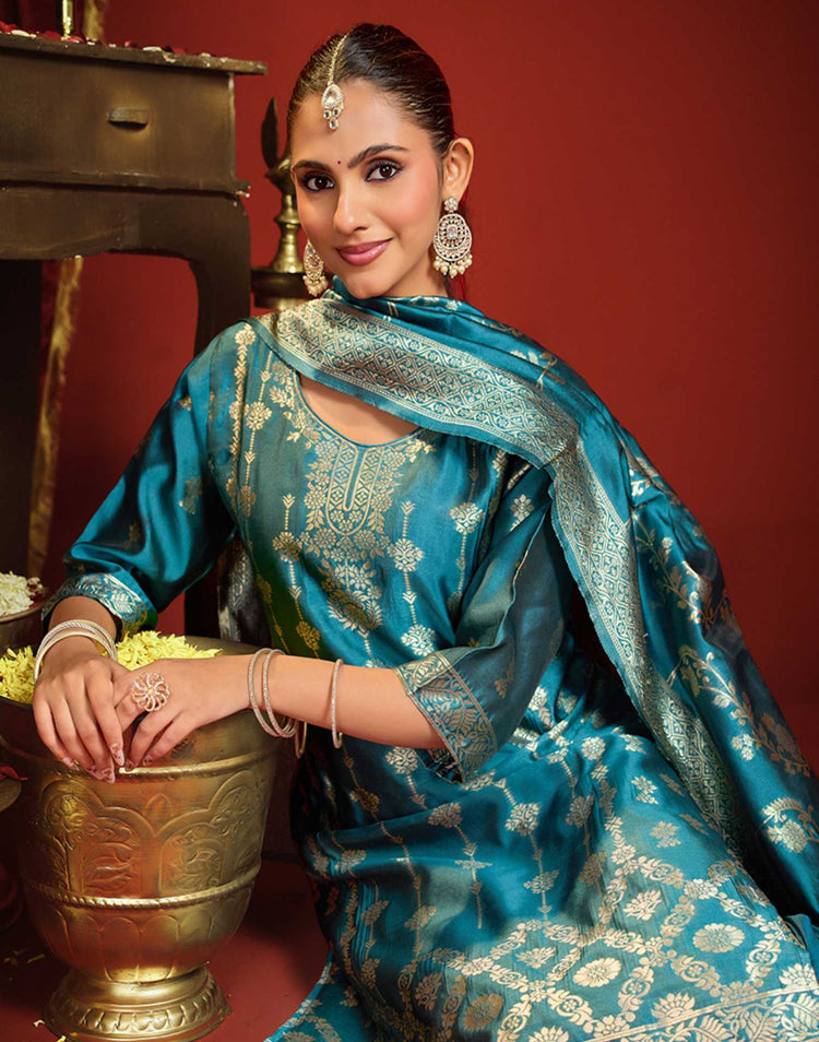 Teal Blue Silk Woven Straight Kurta Set With Dupatta