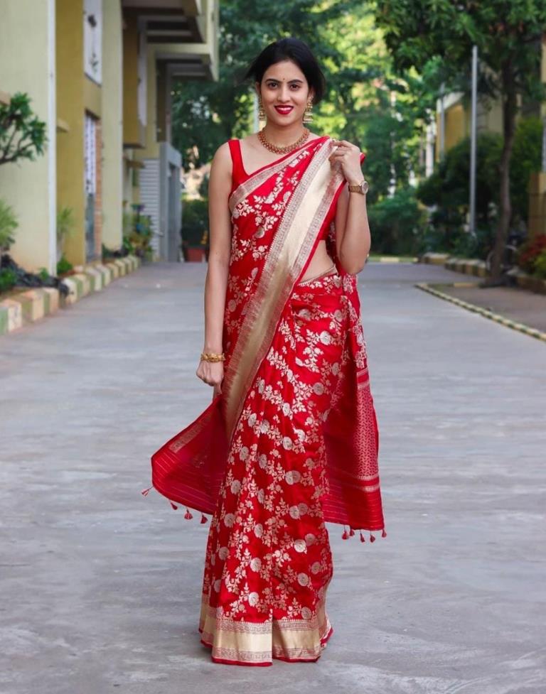 Red &amp; Golden Banarasi Silk Saree