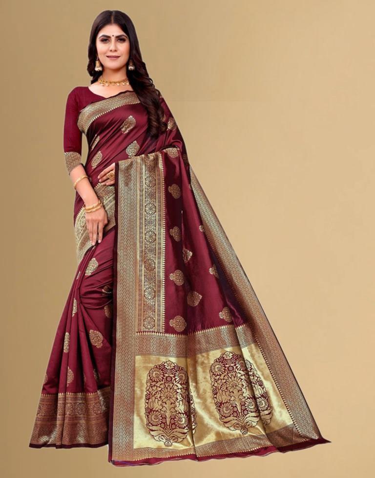 B1G1 Maroon Jacquard Banarasi Silk Saree