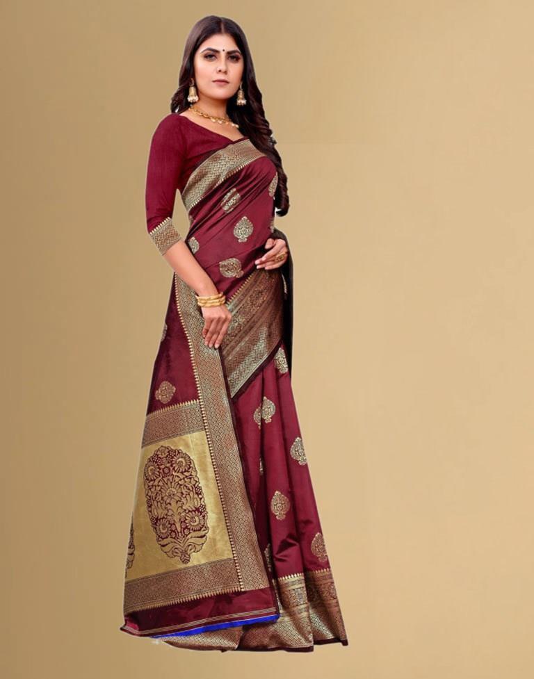 B1G1 Maroon Jacquard Banarasi Silk Saree