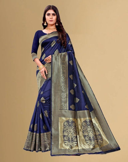 B1G1 Navy Blue Jacquard Banarasi Silk Saree