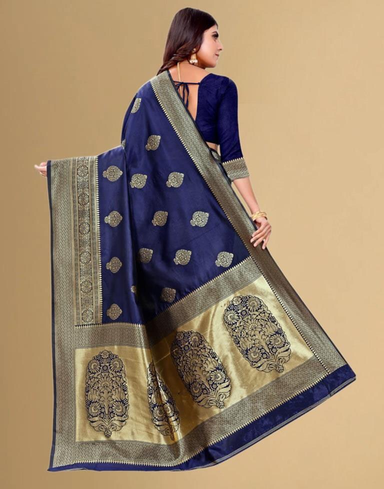 B1G1 Navy Blue Jacquard Banarasi Silk Saree