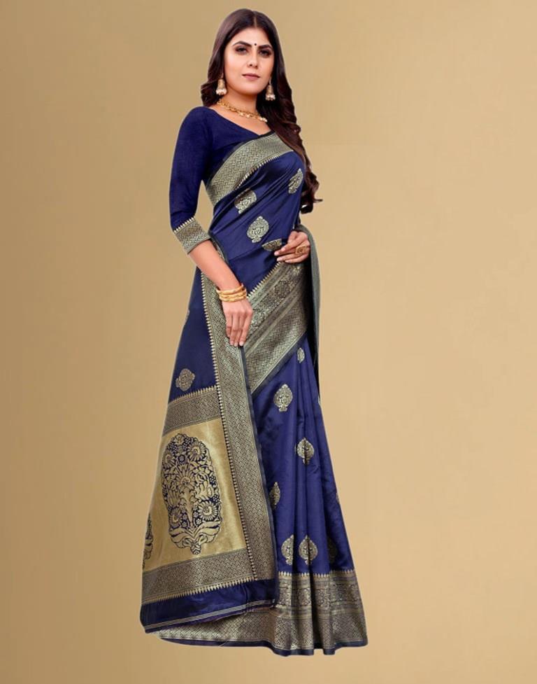 B1G1 Navy Blue Jacquard Banarasi Silk Saree