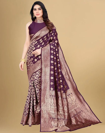 Wine &amp; Golden Banarasi Silk Saree