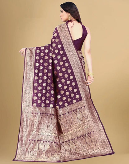 Wine &amp; Golden Banarasi Silk Saree