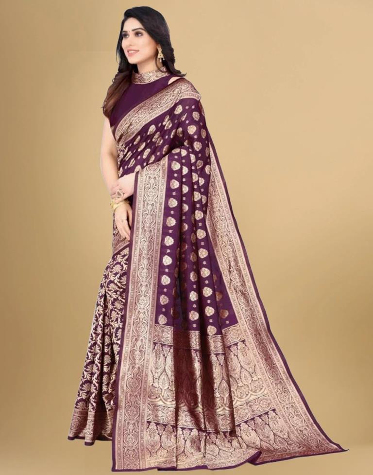 Wine &amp; Golden Banarasi Silk Saree