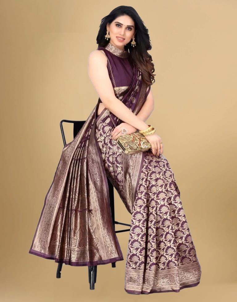 Wine &amp; Golden Banarasi Silk Saree