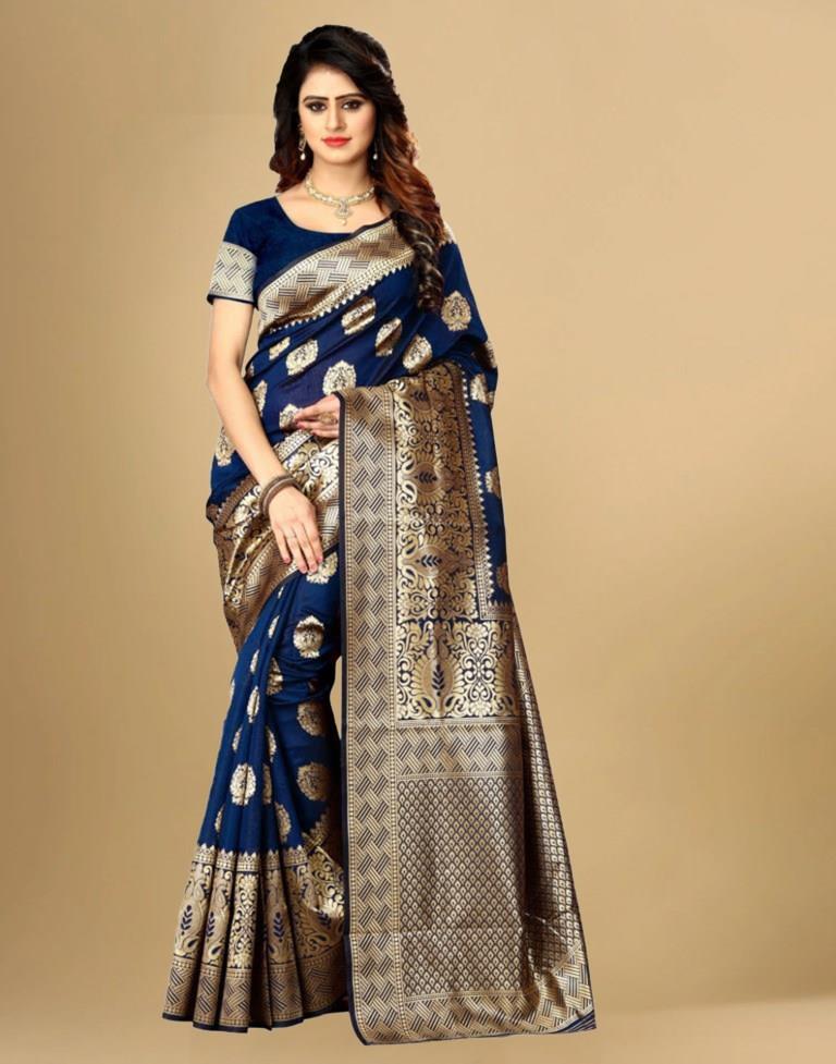 Navy Blue Jacquard Banarasi Silk Saree