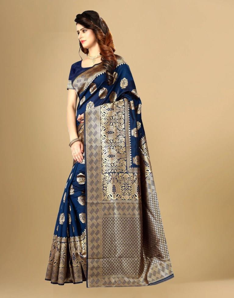 Navy Blue Jacquard Banarasi Silk Saree