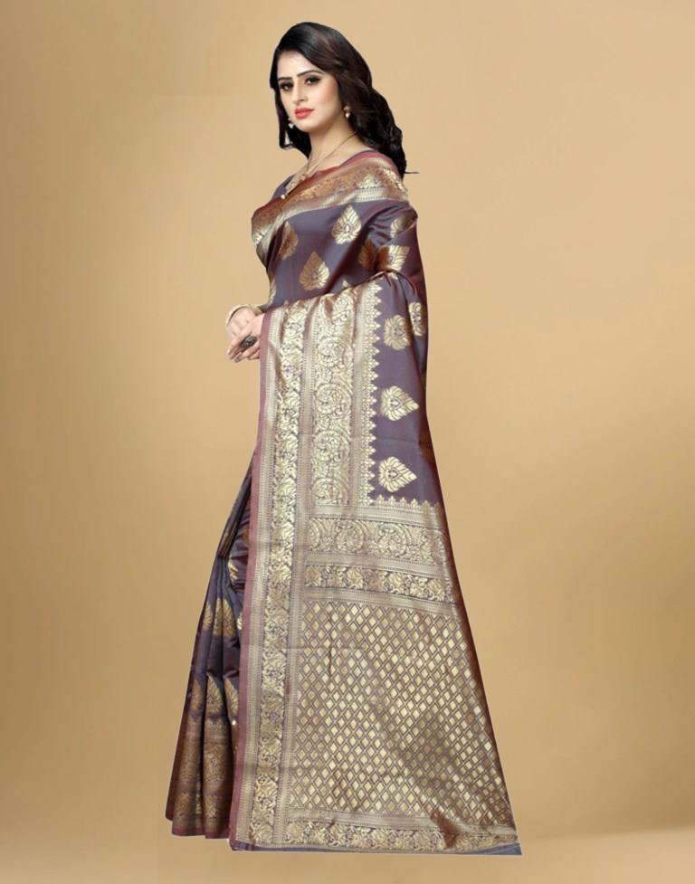 Gold &amp; brown Jacquard Banarasi Silk Saree