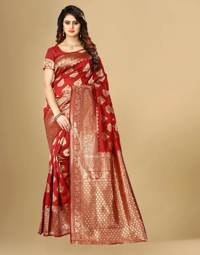 B1G1 Red Jacquard Banarasi Silk Saree