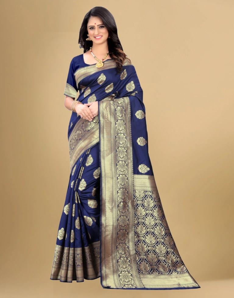 Navy Blue Jacquard Banarasi Silk Saree