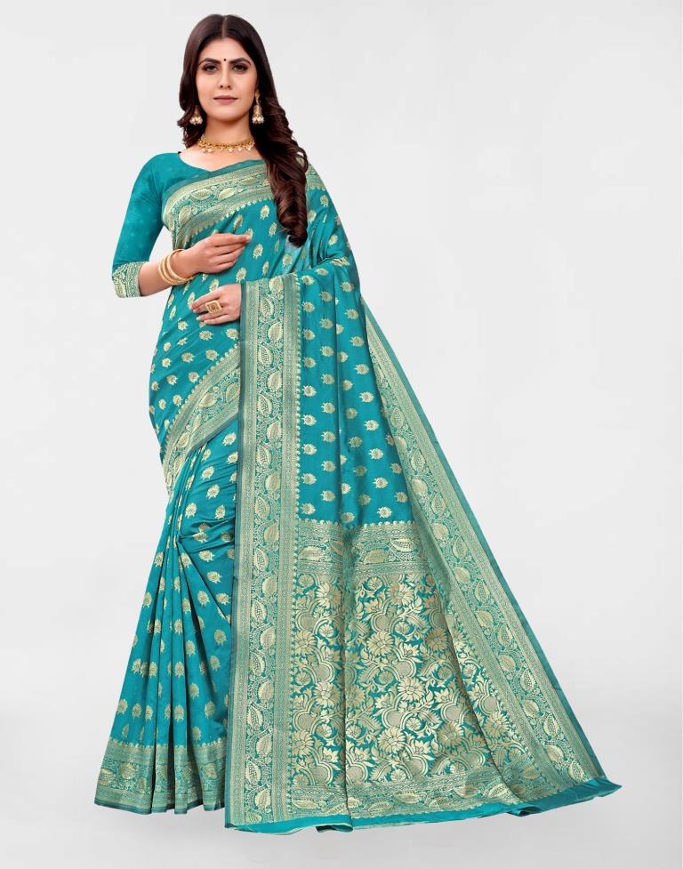 Turquoise Jacquard Banarasi Silk Saree