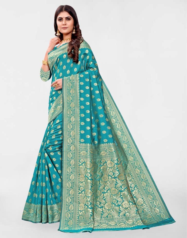 Turquoise Jacquard Banarasi Silk Saree