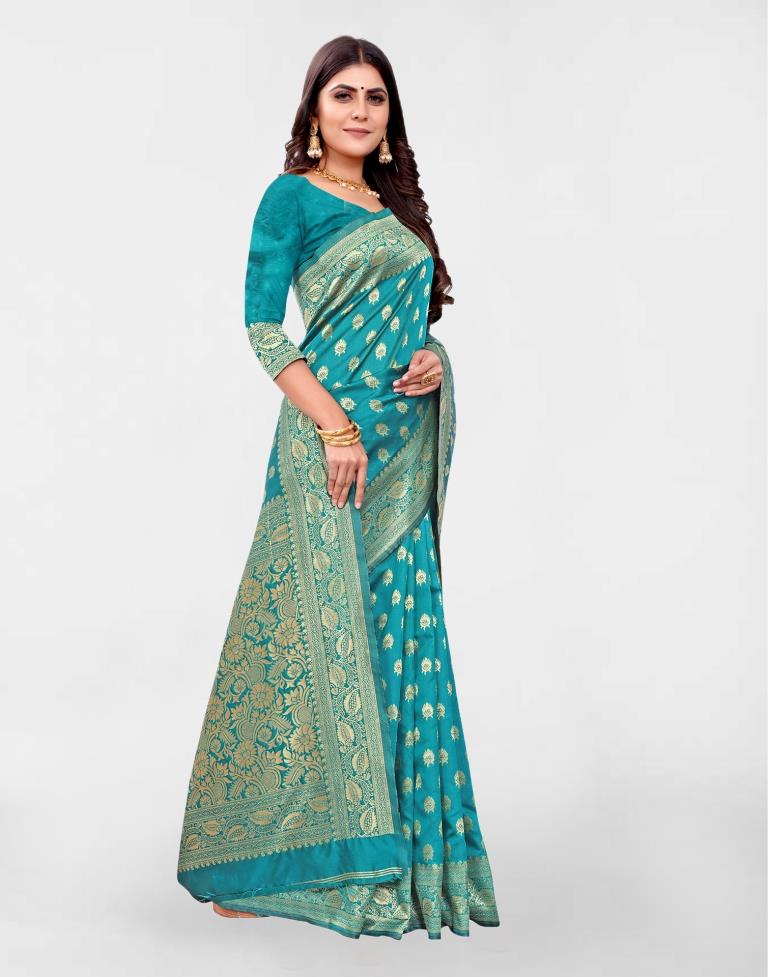 Turquoise Jacquard Banarasi Silk Saree