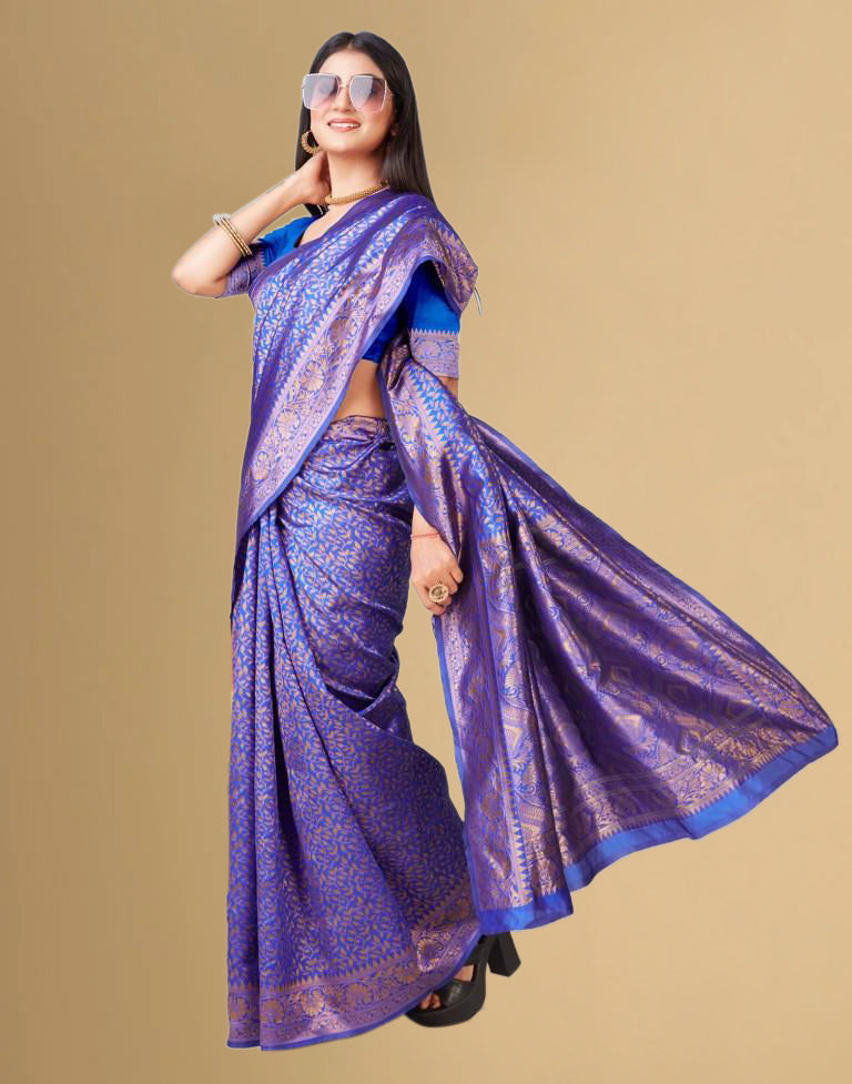 B1G1 Dark Blue Jacquard Banarasi Silk Saree