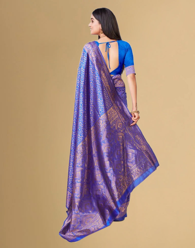 B1G1 Dark Blue Jacquard Banarasi Silk Saree