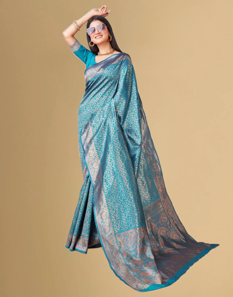 Sky Blue Jacquard Banarasi Silk Saree