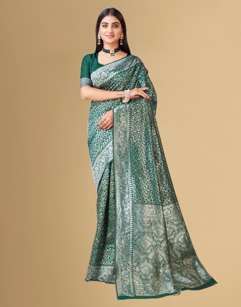 B1G1 Dark Green Jacquard Banarasi Silk Saree